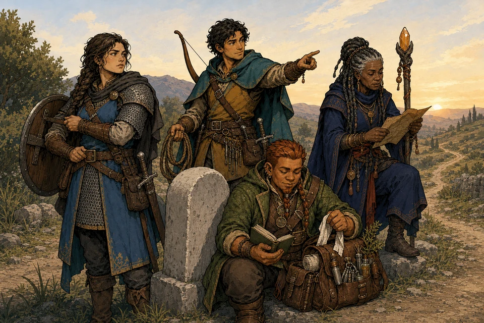 Four adventurers adjust a shield, rope, map, and medical satchel before setting out at dawn.