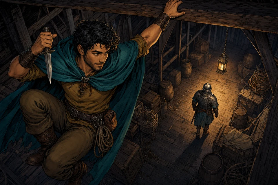 A concealed scout hangs from a warehouse rafter above an unaware sentry, poised to drop behind him.