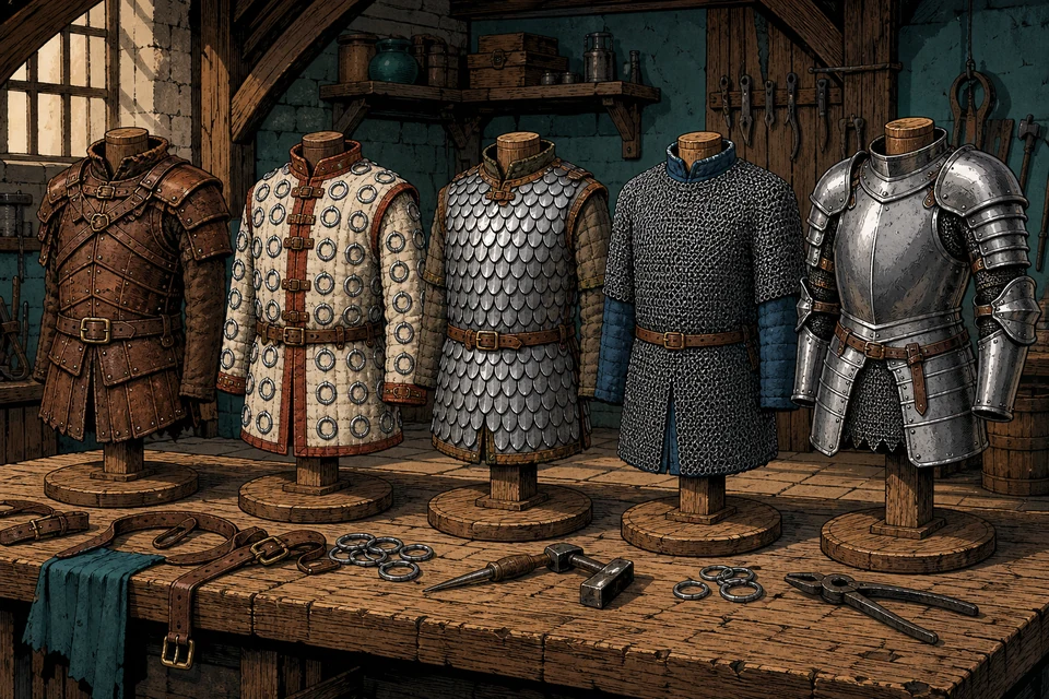 An armourer's field sketch compares leather, ringmail, scalemail, chainmail, and plate protection with straps and repair tools.