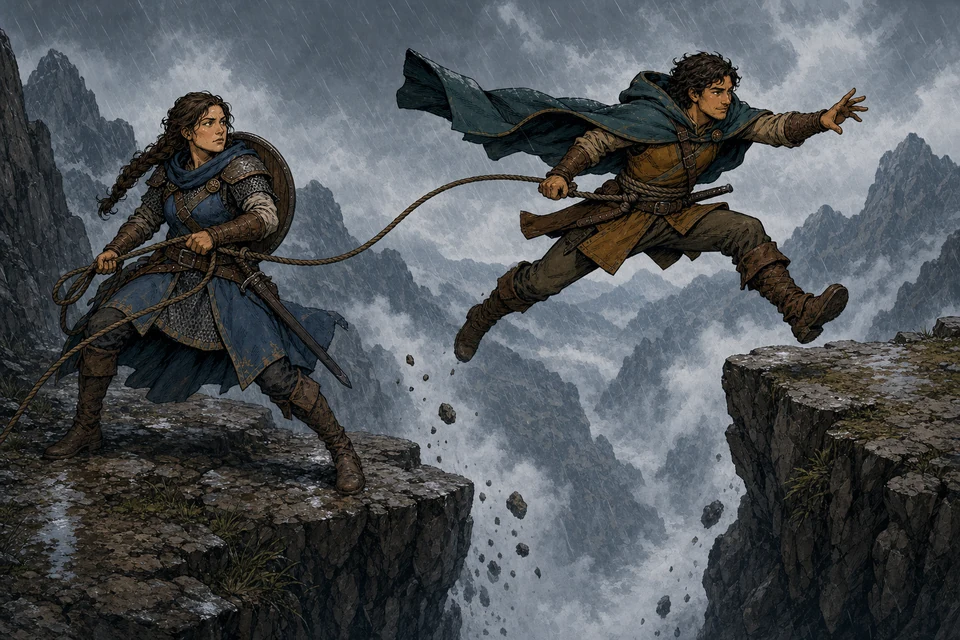 A scout leaps across a misty chasm while a warrior anchors his safety rope from the near ledge.