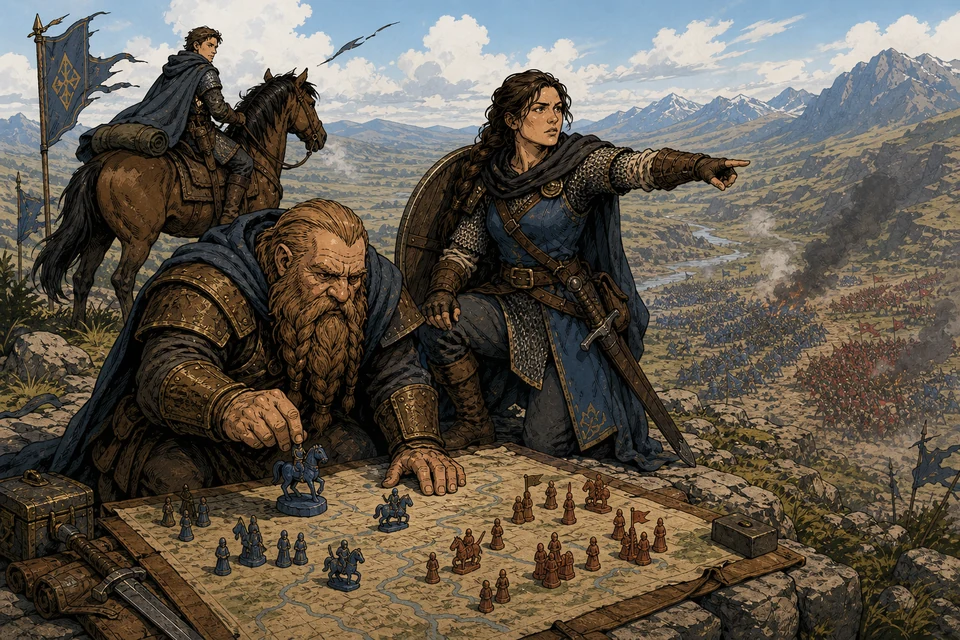 A dwarf commander moves army markers on a ridge map while a warrior points to a breach in the battle below.