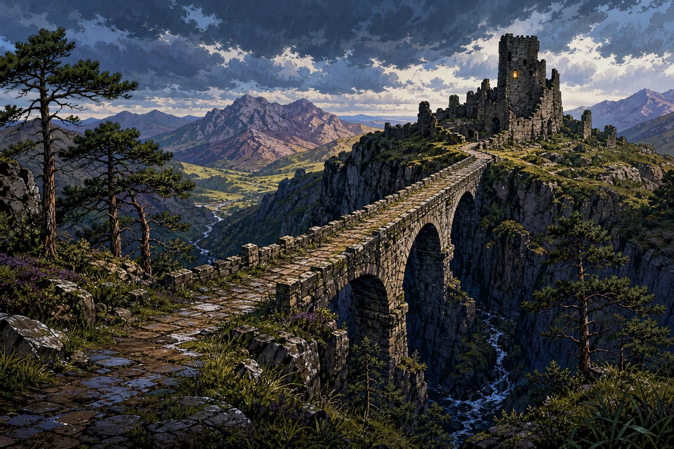 A rain-wet stone bridge crosses a black gorge toward a ruined hill-fort beneath broken mountain clouds.