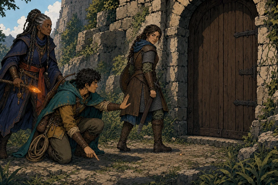 A crouching scout warns a warrior approaching a closed ruined gate and points out a concealed tripwire while a mage lights the path.
