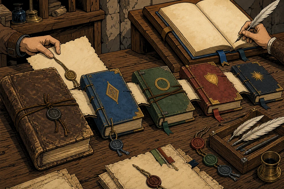 A scriptorium table traces a lineage of differently bound manuscripts through copied folios, bookmarks, quills, and seals.