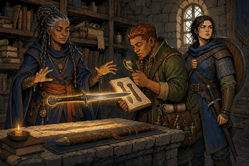 A mage and dwarf scholar examine a softly glowing old sword while a cautious warrior watches from a safe distance.