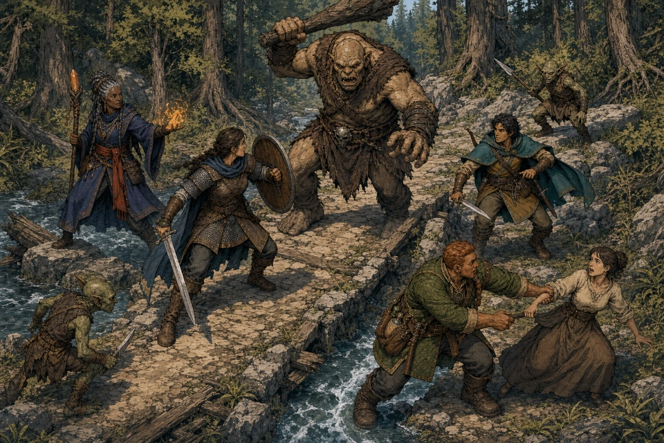 Four adventurers respond by role as an ogre and two goblins press along a narrow woodland causeway.