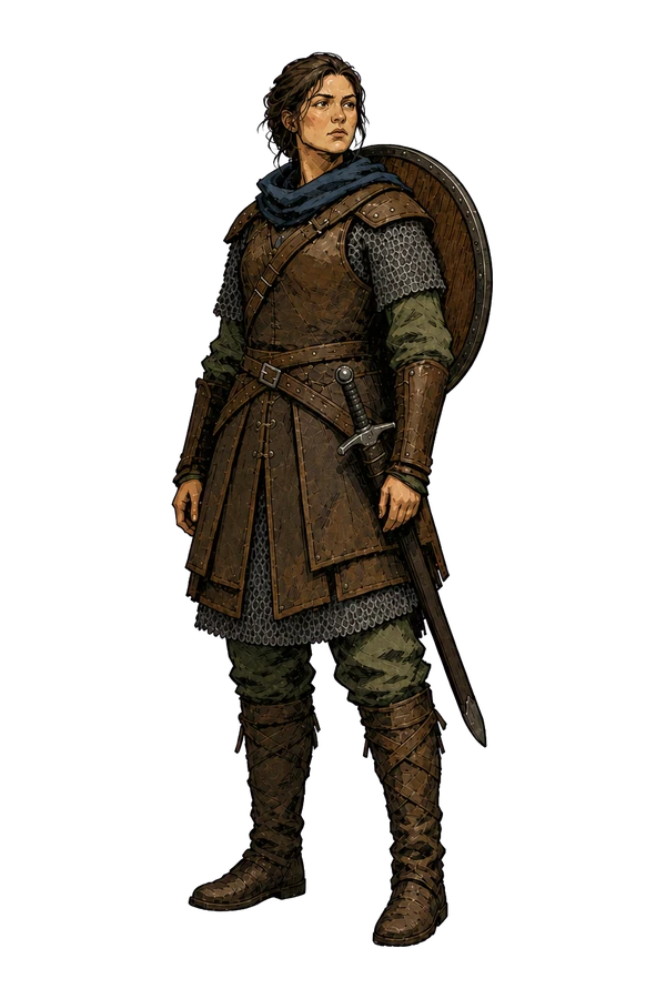 A complete full-body view of an alert medieval woman warrior standing at ease with her sword sheathed and shield on her back.
