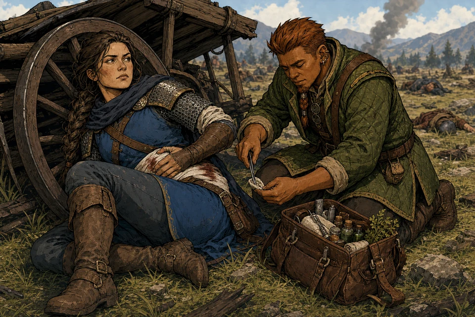 A dwarf field surgeon treats a conscious wounded warrior from an open medical satchel behind an overturned cart.
