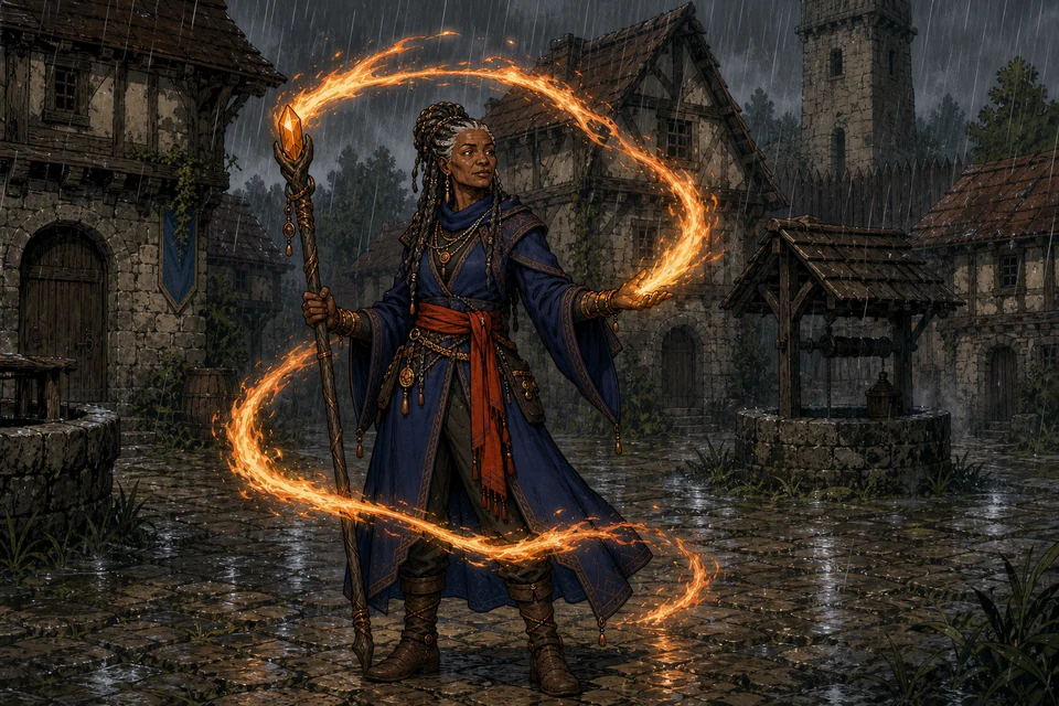 An older mage shapes a controlled ribbon of fire between her open hand and staff in a rain-wet courtyard.