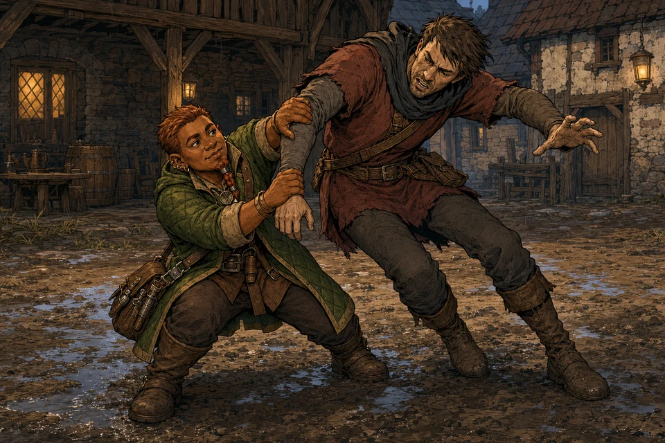 A sturdy dwarf turns beneath a taller bandit's arm and reverses a grapple in a muddy yard.