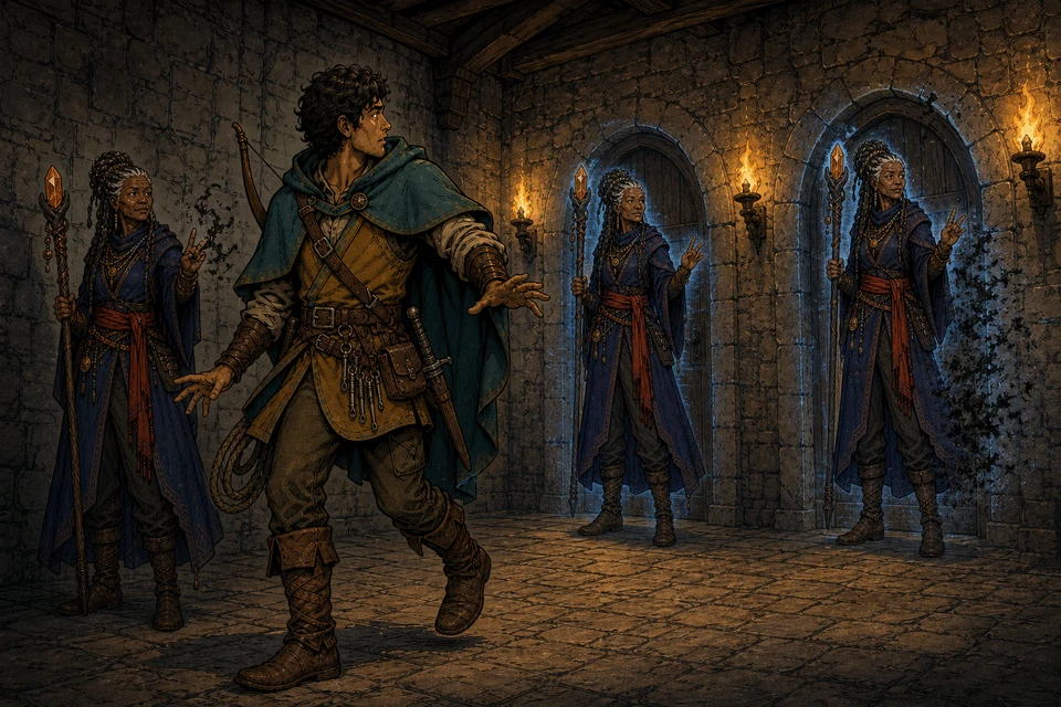 A scout hesitates before two identical magical doorways while the real mage quietly maintains the illusion behind him.