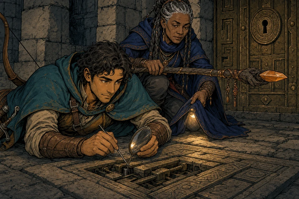 A scout carefully exposes an ancient floor trap while a crouching mage provides a steady covered light.