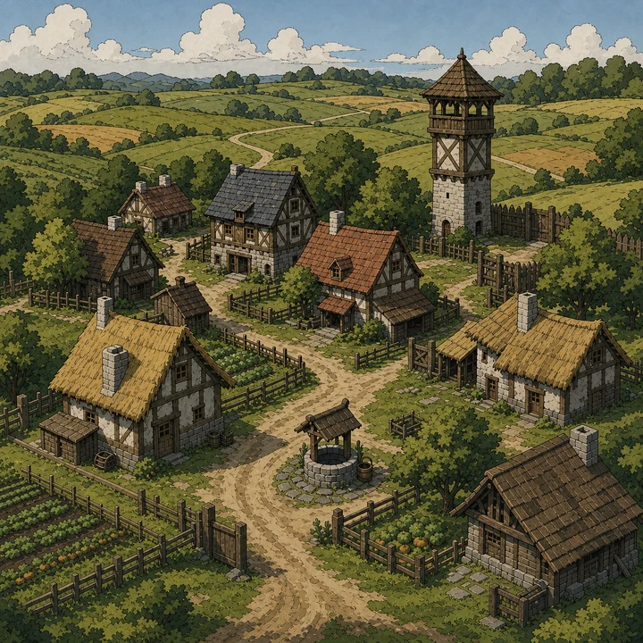 A small lived-in medieval village gathers around a well beside a winding lane and modest watchtower.