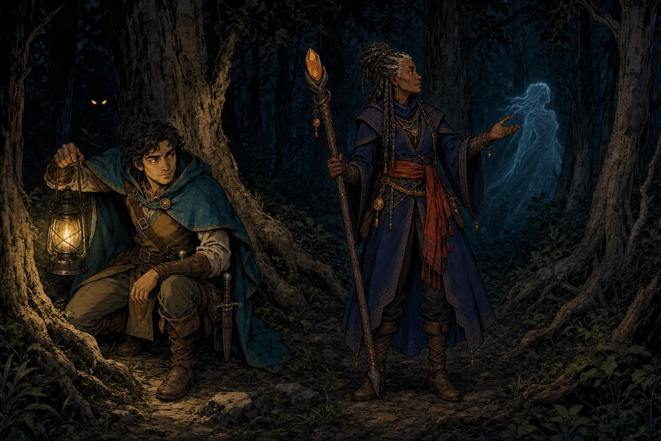 A scout searches a moonless forest by shaded lantern while a mage senses a faint spirit beyond the visible light.