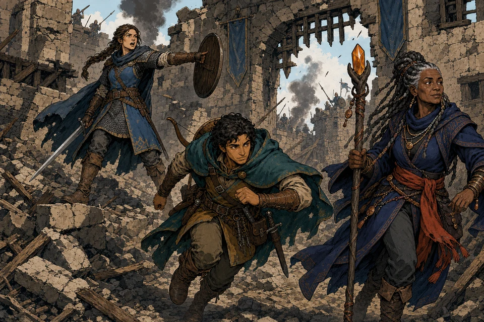 A warrior calls directions from fallen masonry as a scout and mage surge together through a breached gate.