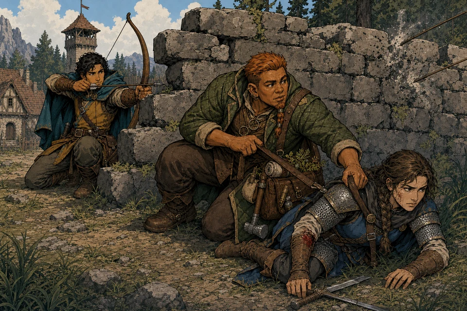 A kneeling scout aims through a broken wall while a dwarf healer pulls a wounded ally deeper into cover.