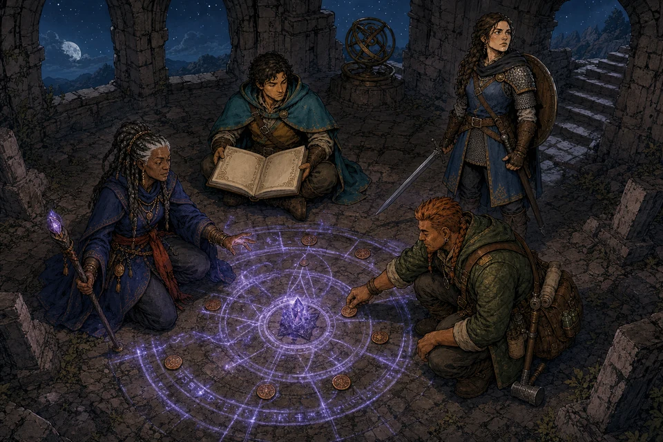 Four adventurers perform a careful moonlit ritual in a ruined observatory while the warrior guards the stair.