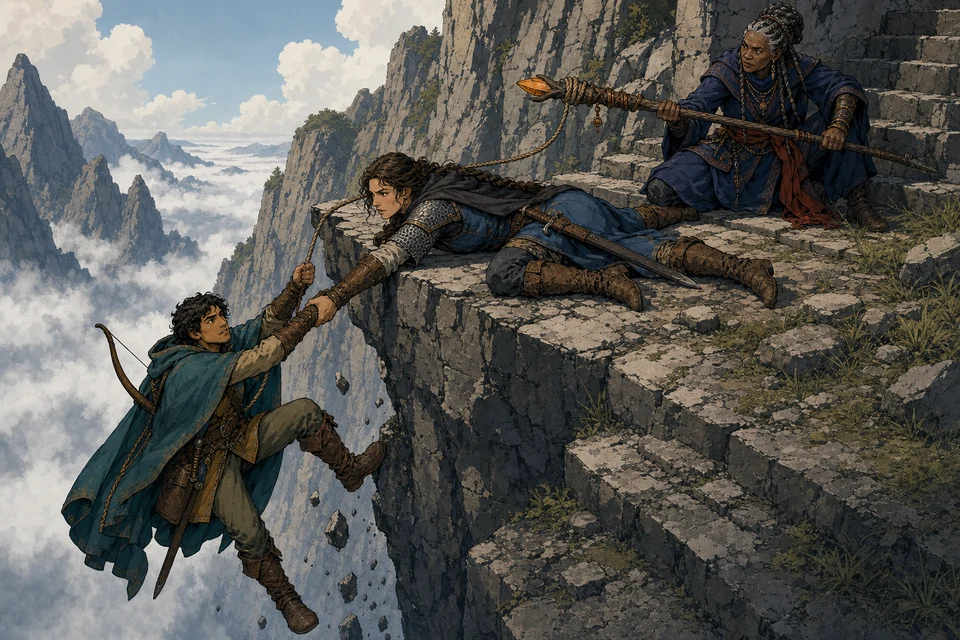 A warrior and mage strain together to haul a scout who hangs from a rope below a crumbling cliff stair.