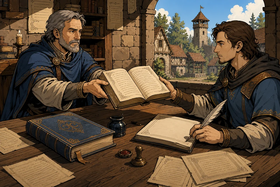 Two scribes pass an open rules codex across a desk prepared with a second copy, quills, ink, and a wax seal.