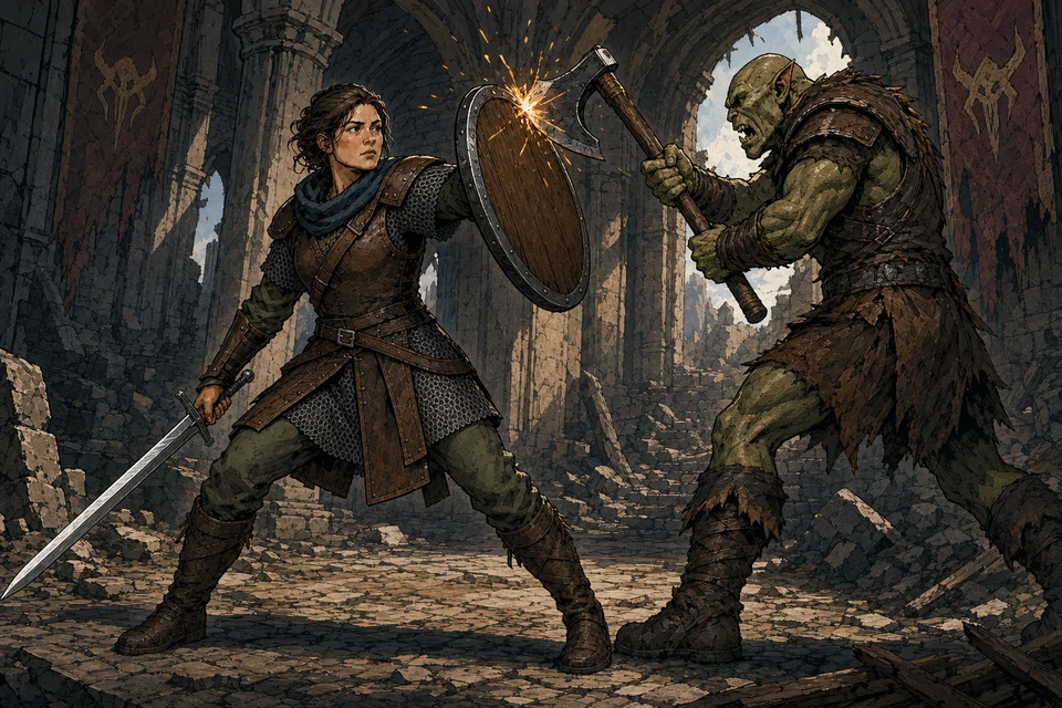 A warrior twists under an orc's axe and catches the blow on the raised rim of her round shield.