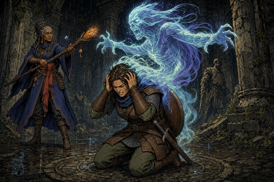 A kneeling warrior clutches her head in anguish as a translucent hostile spirit rises through her and a mage confronts it from several steps away.