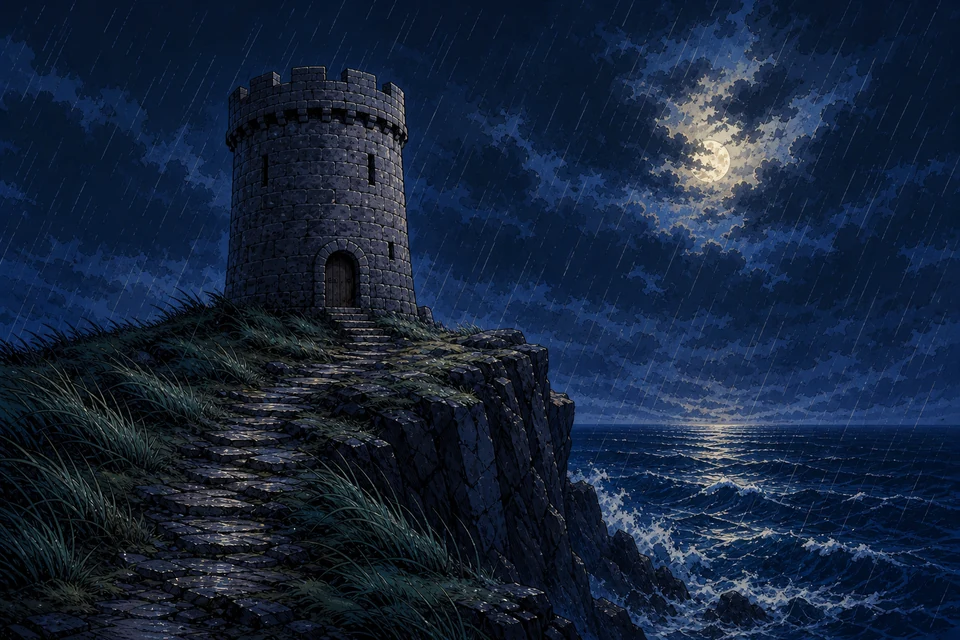 A solitary stone watchtower stands above a stormy moonlit sea as rain sweeps across the cliff path.