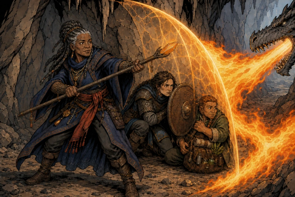 A mage braces an amber ward against dragonfire while a warrior shelters a dwarf healer behind it.