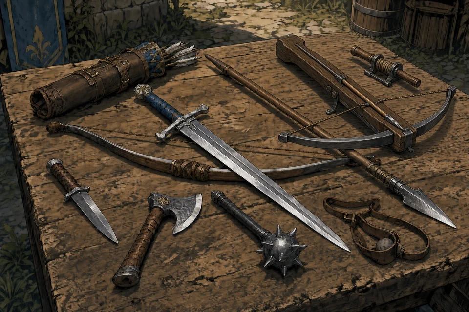 A weapons master's field sketch compares blades, hafted weapons, a spear, bow, crossbow, sling, and ammunition.