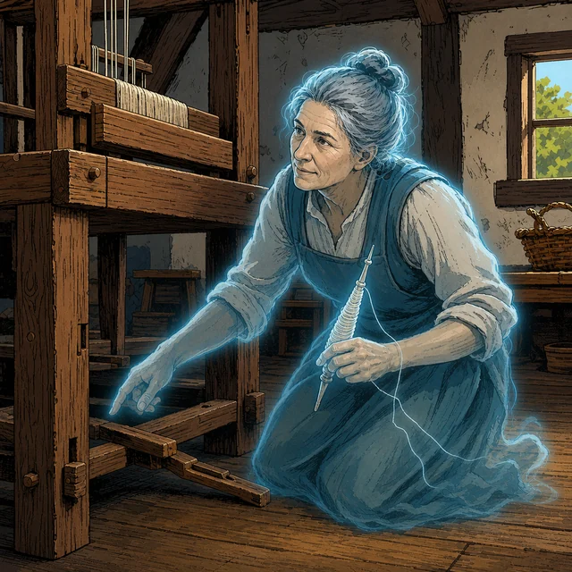 A translucent ancestor spirit holding a woodworking chisel by a hearth.