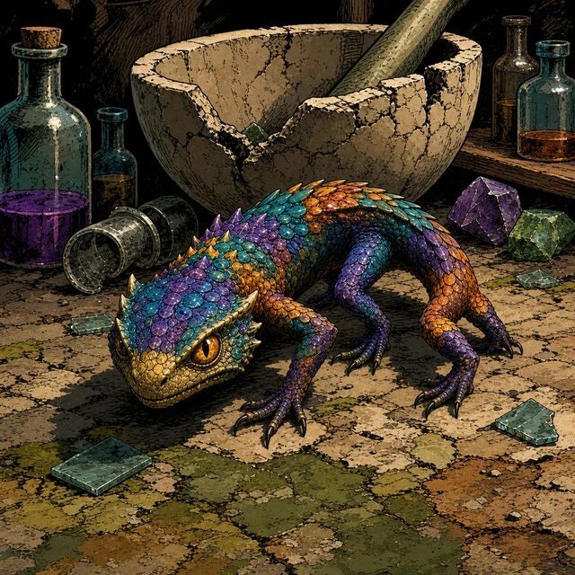 A brightly colored alchemical basilisk standing on flagstones.