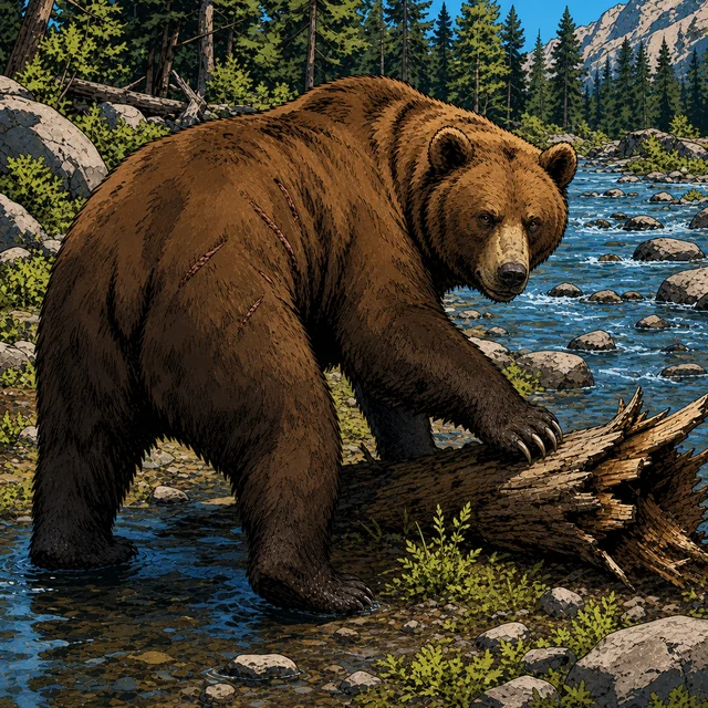 A massive brown bear standing in a forest clearing.