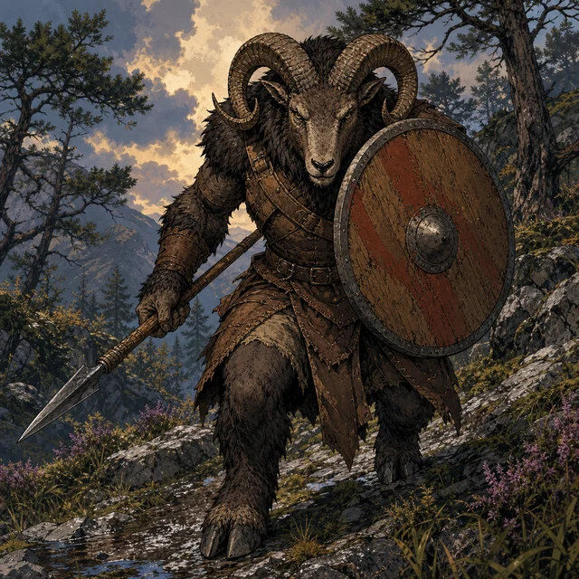 A ram-headed beastman carrying a spear and round shield.