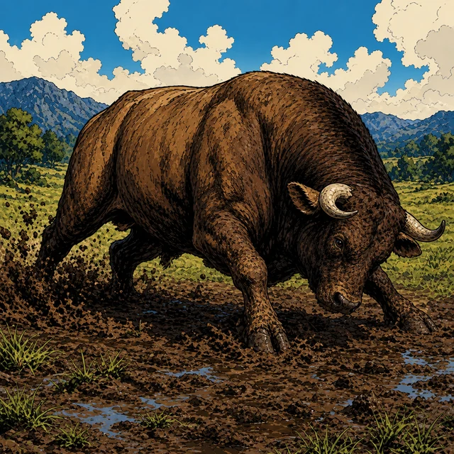 A muscular brown bull standing alert in a grassy pasture.