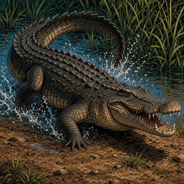 A heavily armored crocodile resting on a muddy riverbank.