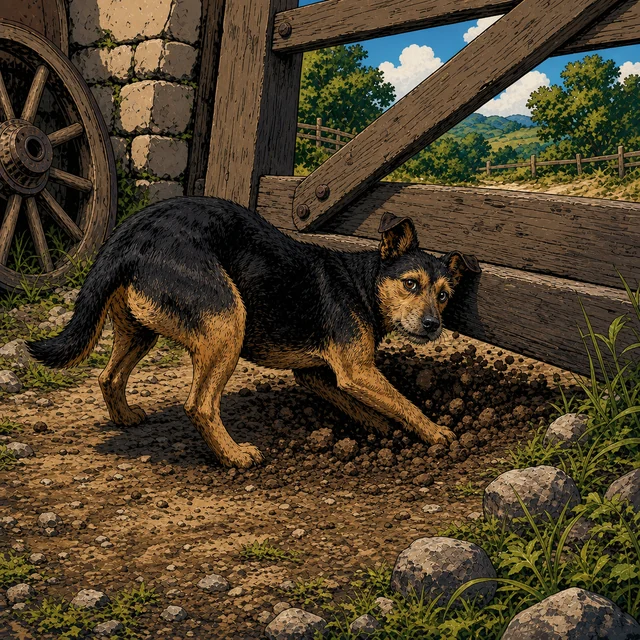 An alert village dog standing on a medieval dirt lane.