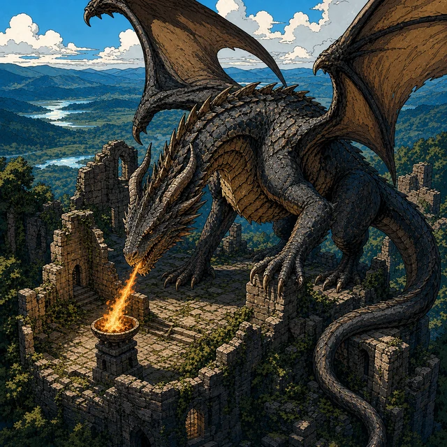 A four-legged, two-winged dragon standing on a rocky upland.