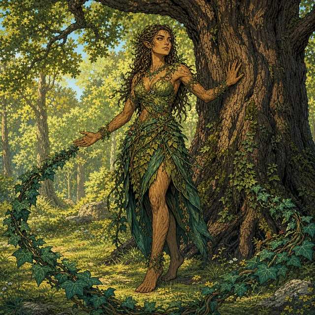 A bark-skinned dryad touching her ancient tree while guiding ivy across the grove.