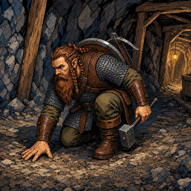 A broad dwarf warrior carrying a hammer and round shield.