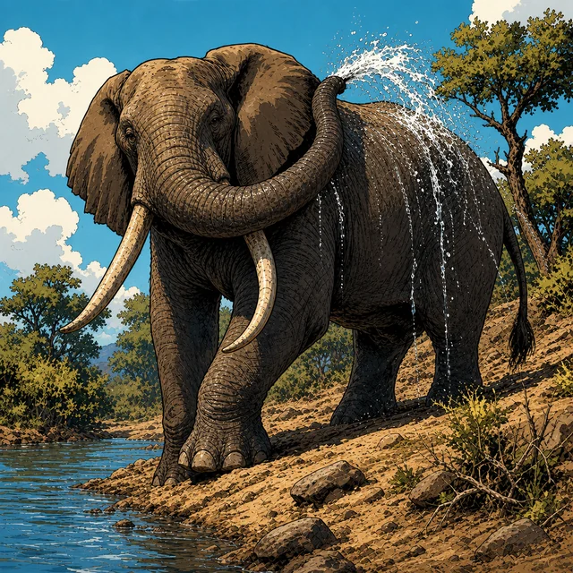 A large tusked elephant standing on open dry grassland.