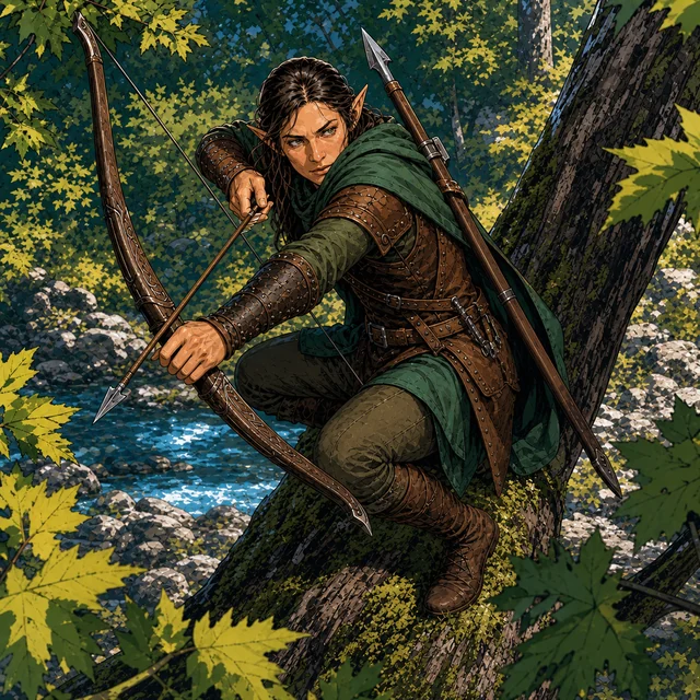 A forest elf carrying a longbow and shortspear beside an old tree.