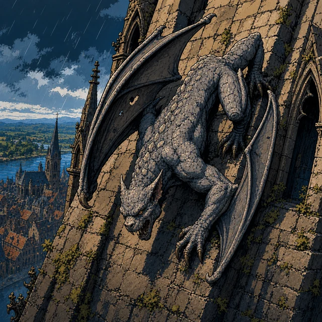 A grey winged gargoyle crouching on a cathedral parapet.