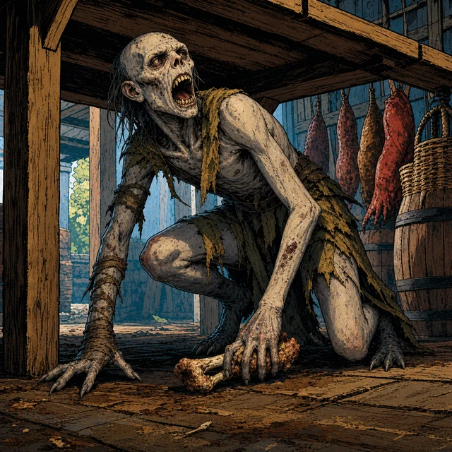 A gaunt grey ghoul with long claws standing in an old burial ground.