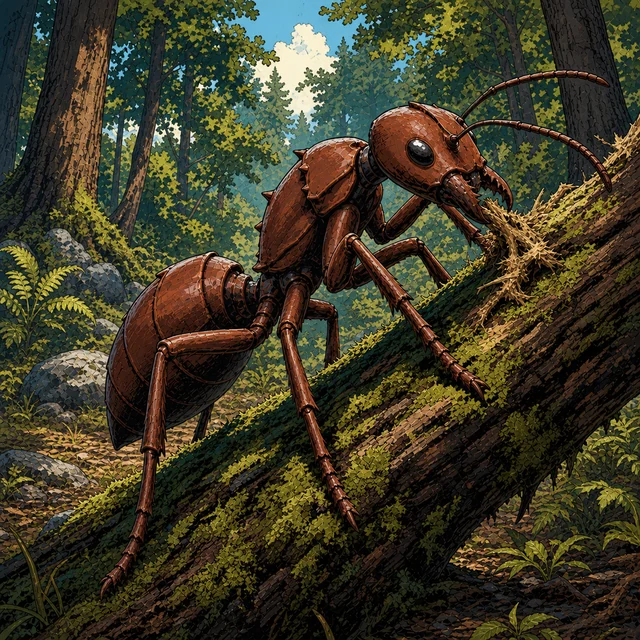 A pony-sized red-brown ant standing on a forest floor.
