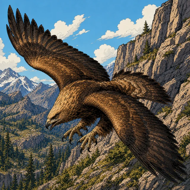 A horse-sized hawk standing on a high rocky meadow.