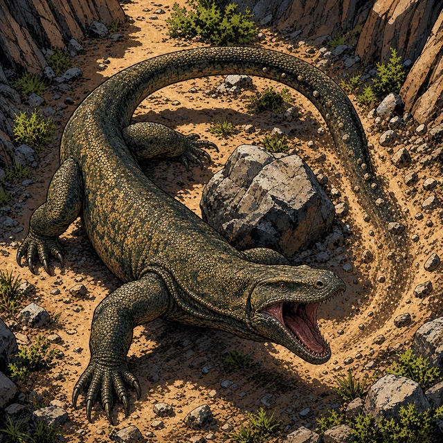 A large scaled lizard standing on a rocky scrubland path.