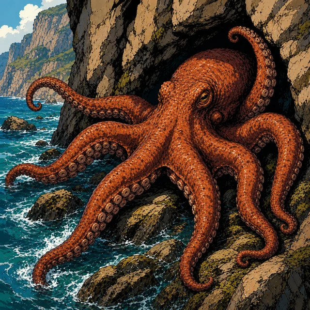 A huge reddish octopus moving across a shallow rocky seabed.