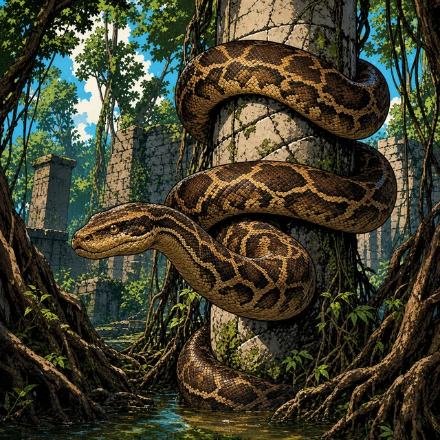 A giant patterned python resting in coils on a forest floor.