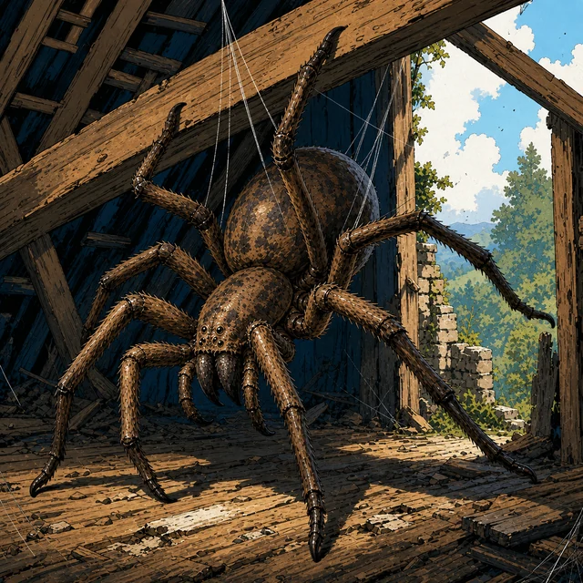 A horse-sized brown spider standing beneath a web in a forest.