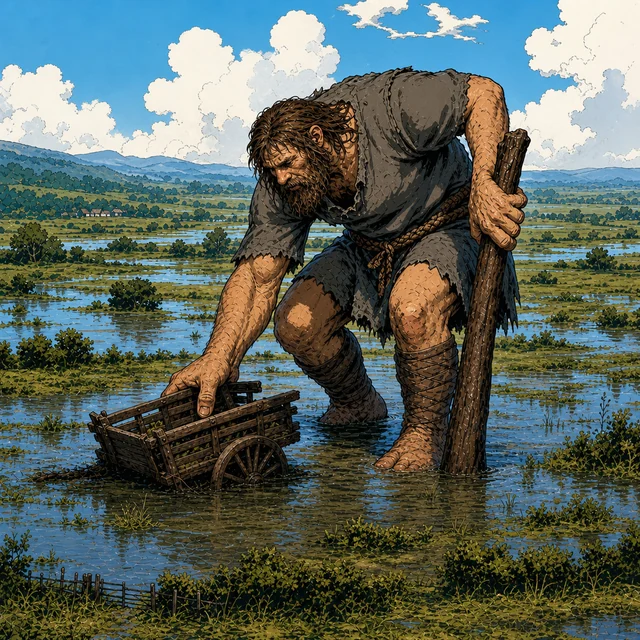A human-faced mountain giant standing beside a huge club and boulder.