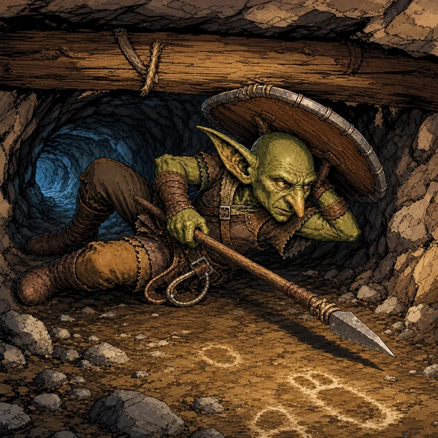 A small goblin carrying a shortspear and round shield in a hill camp.